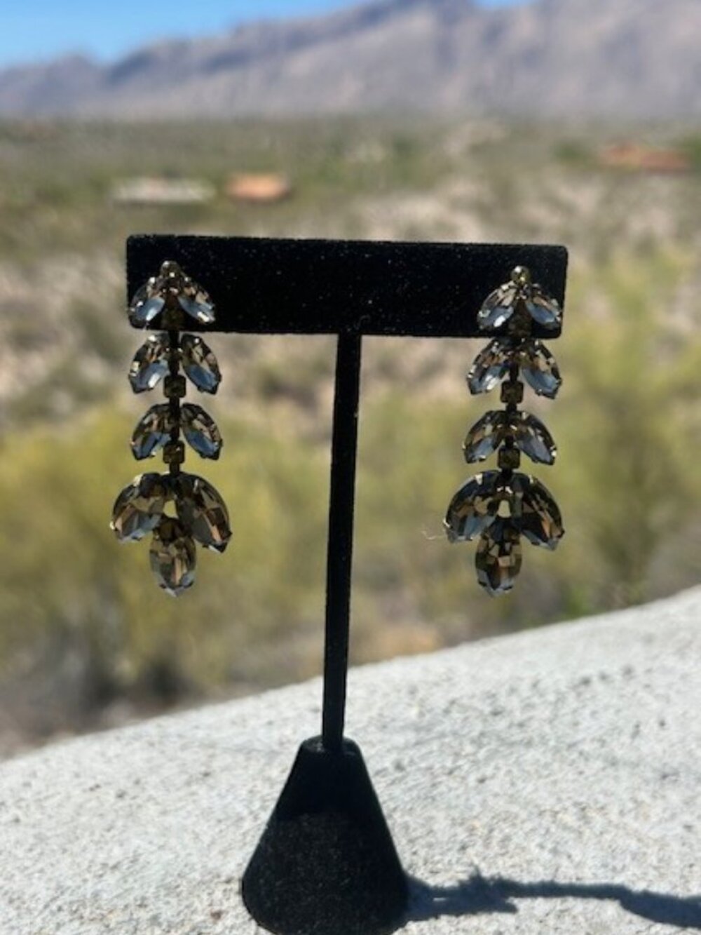SORRELLI Olive Green Swarovski Navette Faceted Leafy Cascading Crystal Earrings